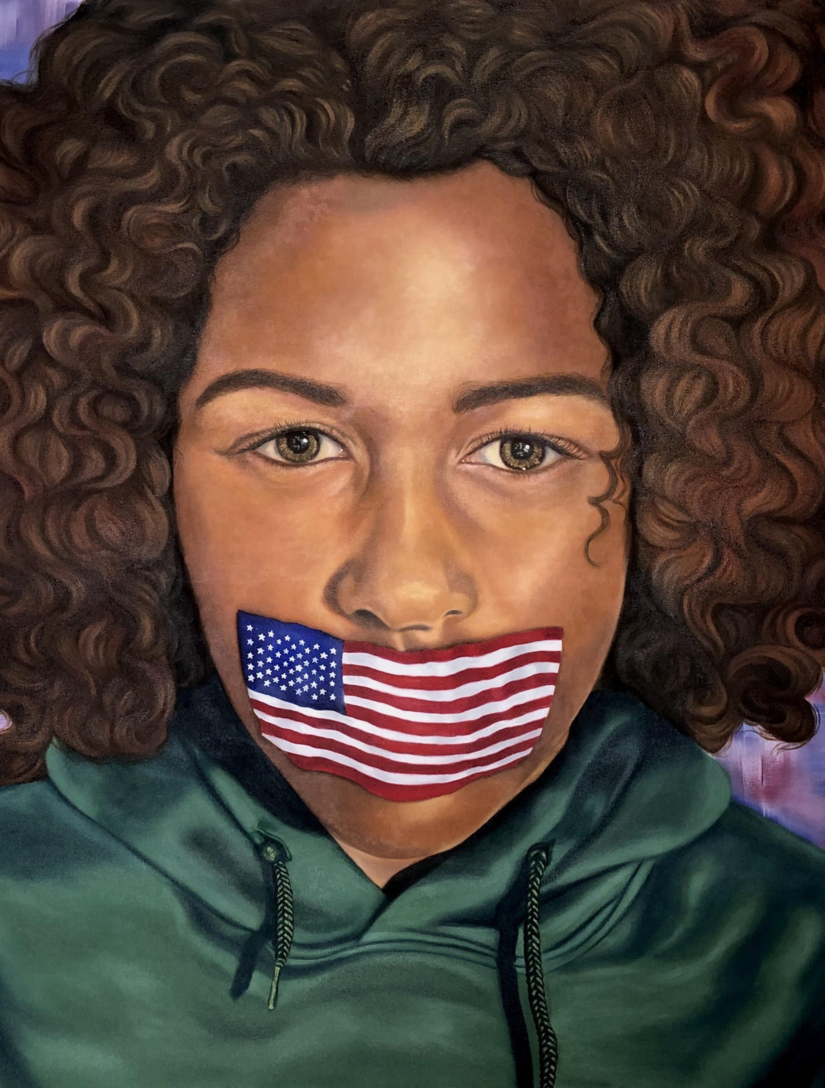 Painting by Elena Jenkins showing a person in a green hooded sweatshirt in front of a purple background with a small American Flag covering their mouth