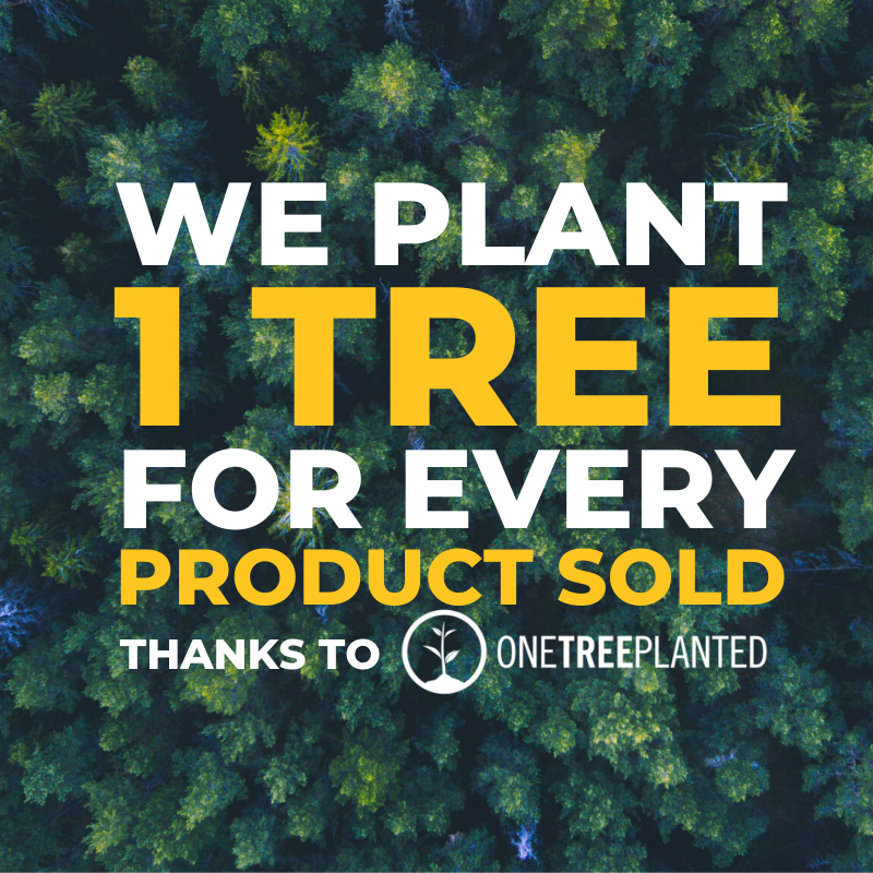Yellow and white words over an overhead image of a forest that say "WE PLANT 1 TREE FOR EVERY PRODUCT SOLD THANKS TO ONE TREE PLANTED