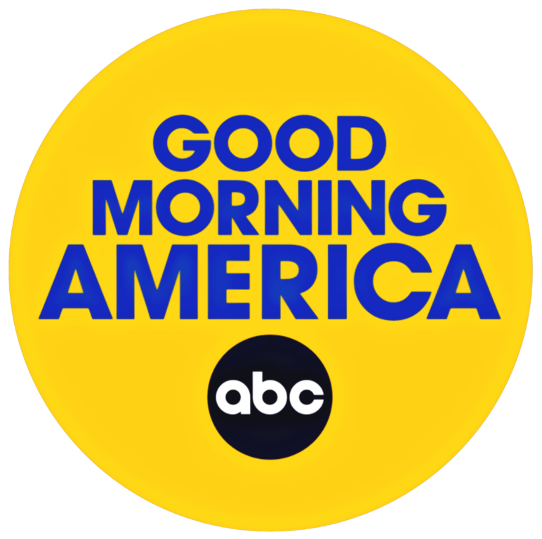Yellow Circle with blue letters saying "Good Morning America" and the black and white ABC logo