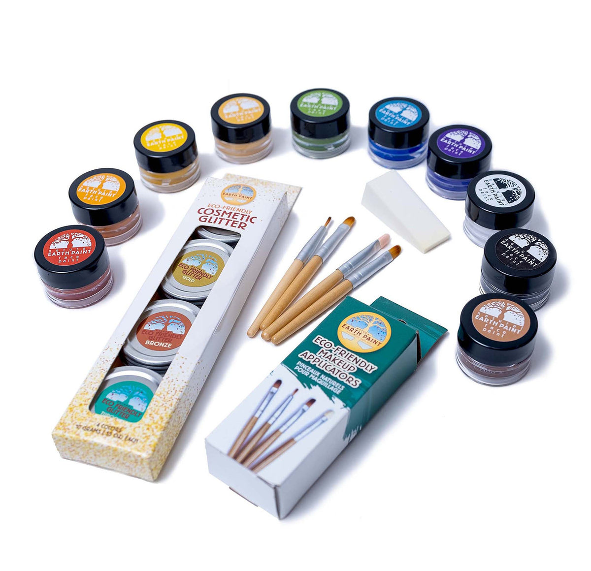 Components of the Deluxe Natural Face Paint &amp; Eco Glitter Set including ten colors of face paint, four colors of glitter, four makeup applicators and a makeup sponge