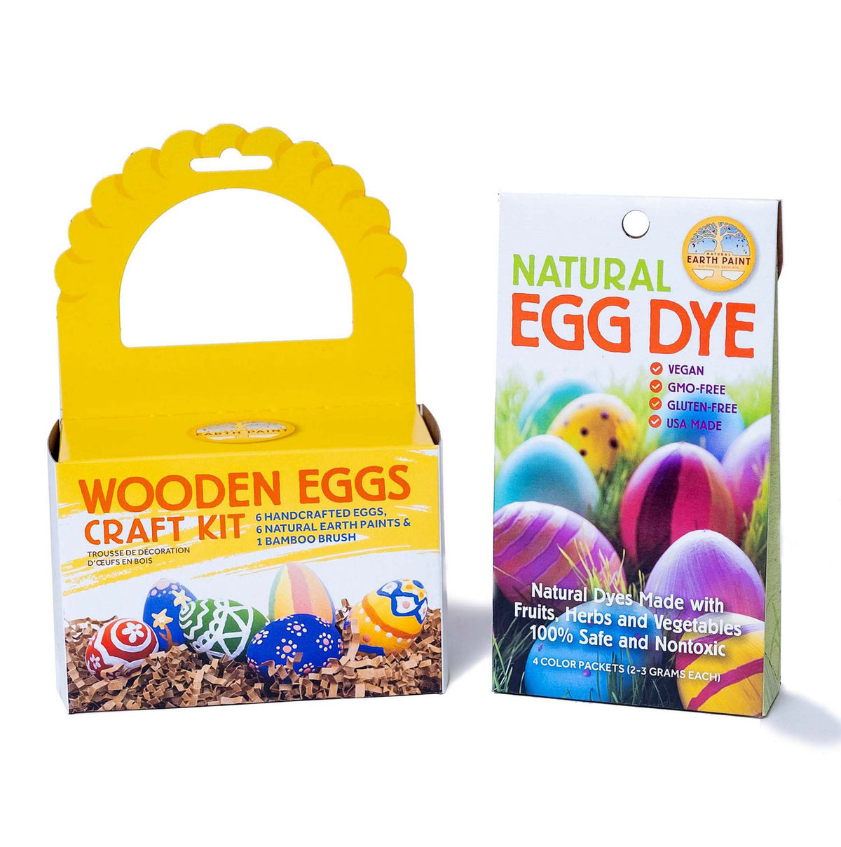 Components of the Natural Easter Egg Paint &amp; Dye Set, including the Natural Egg Dye Kit and the Wooden Eggs Craft Kit