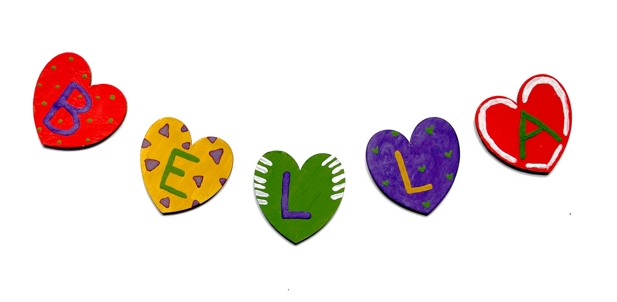 Painted wooden hearts with name spelled
