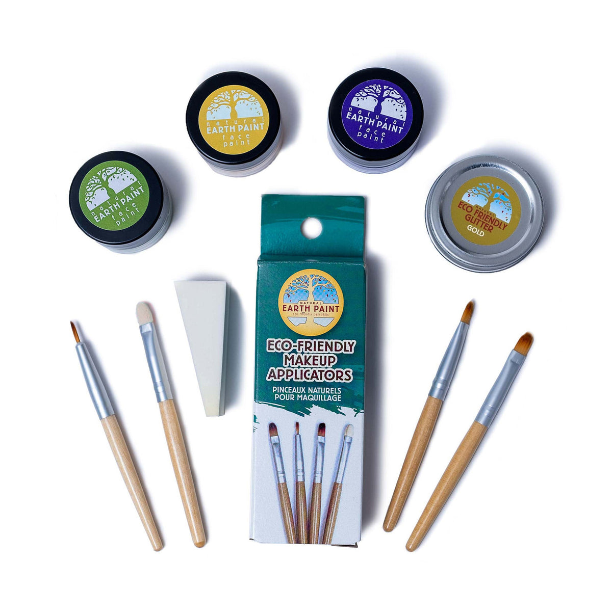 Components of the Mardi Gras Face Paint &amp; Eco Glitter Set including three face paint colors, gold glitter, four makeup applicators and a makeup sponge