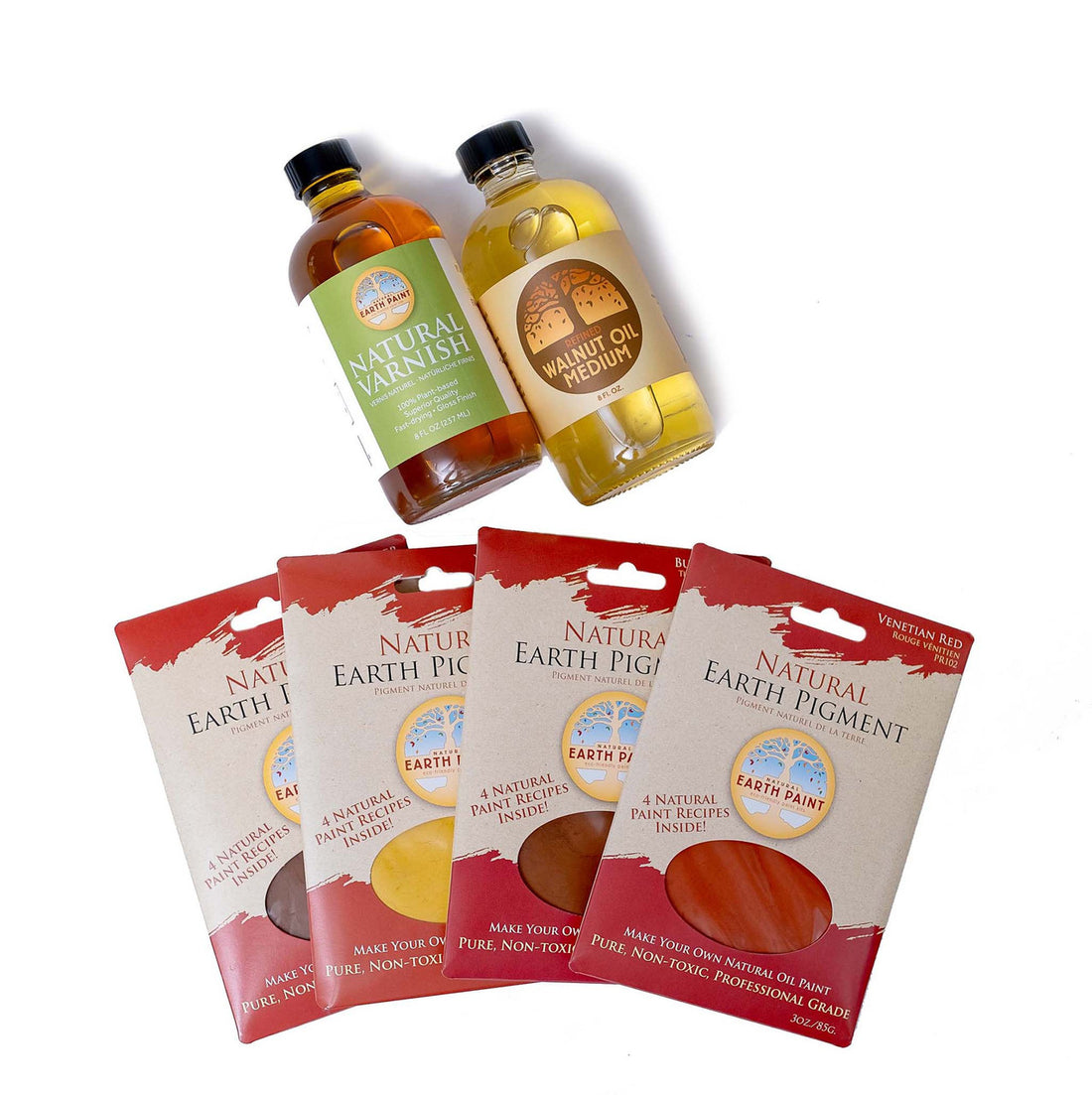 Components of the Natural Wood Stain &amp; Varnish Set including eight ounce bottle of Natural Varnish, eight ounce bottle of Walnut Oil and four 3 ounce packets of pigment; Venetian Red, Yellow Ochre, Burnt Sienna and Burnt Umber