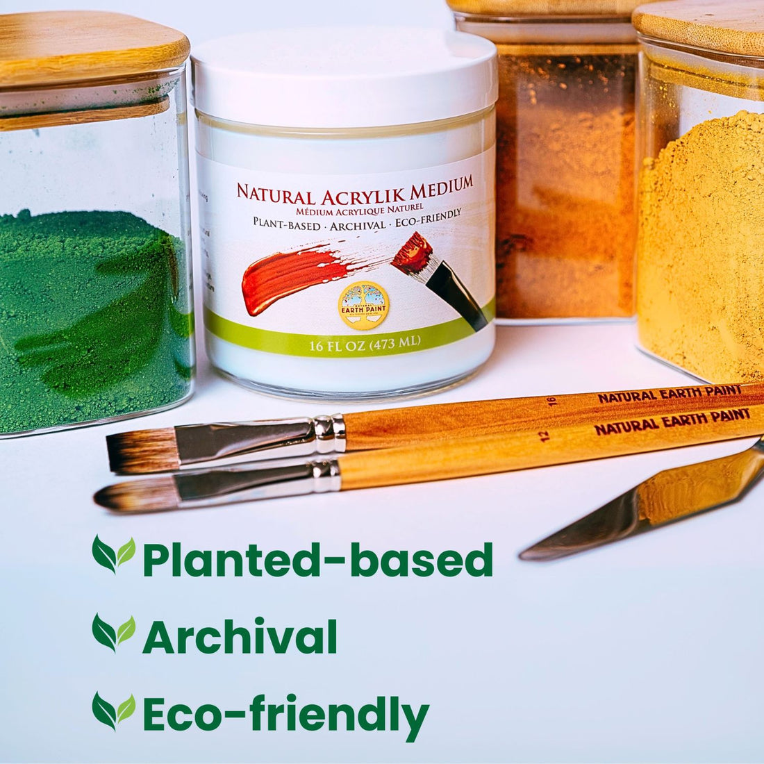 Jar of natural acrylik medium pictured wtih jars of pigment, brushes, and a list of the key features for this paint medium - plant-based, archival, and eco-friendly
