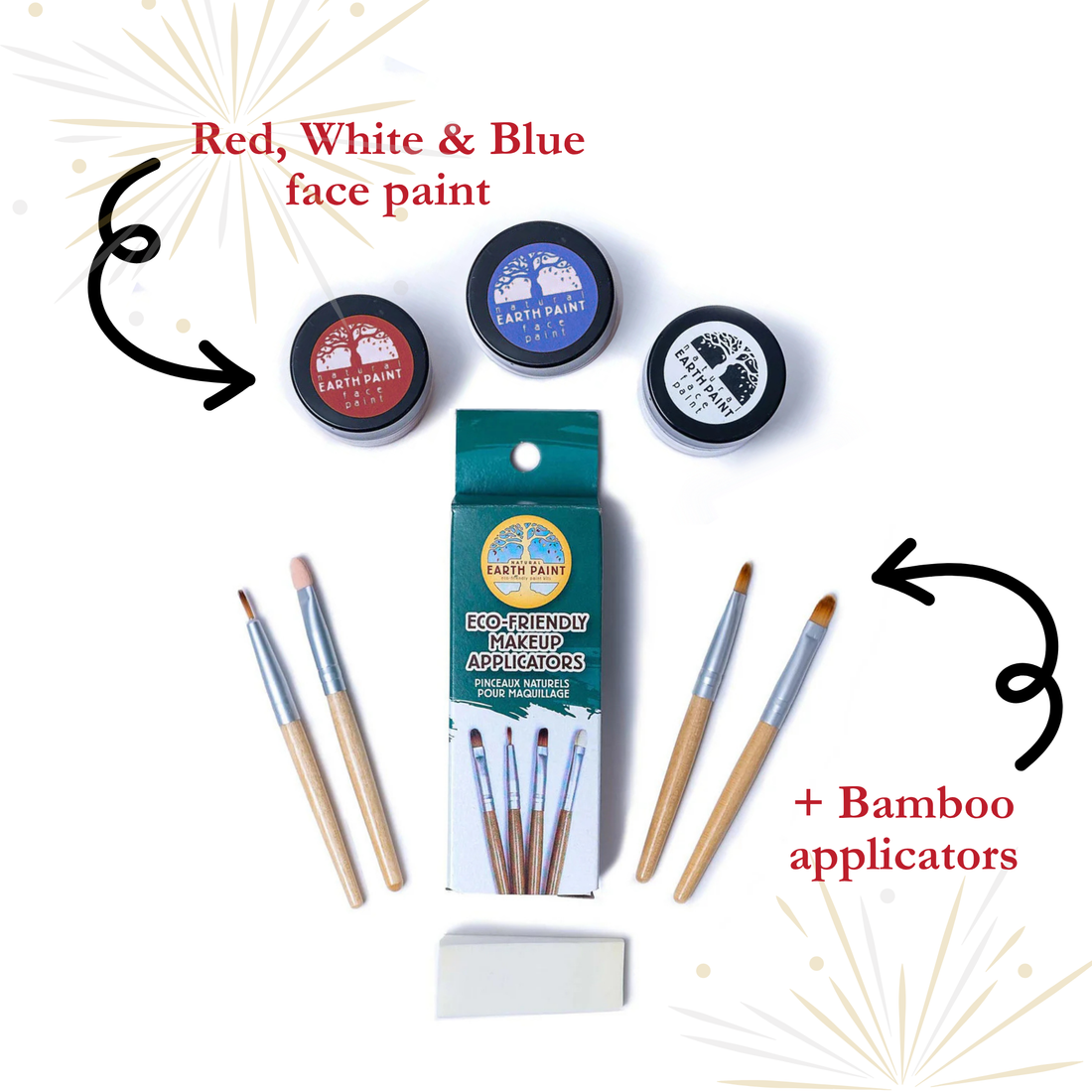 components of face paint bundle, including red, white, and blue face paint, and eco-applicators