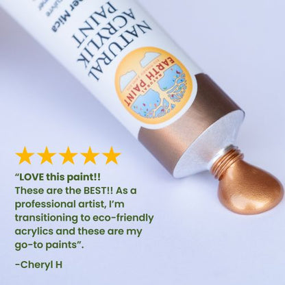 written review and product photo of copper natural acrylic paint tube and wet paint
