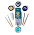 Components of the Unicorn Natural Face Paint Set including three face paint colors, turquoise glitter, four makeup applicators and a makeup sponge