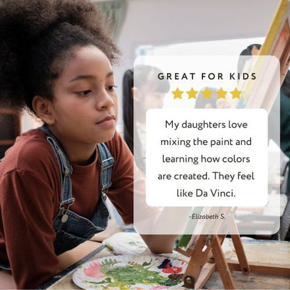 written review and child painting on a canvas
