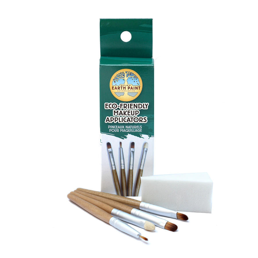 Components of the Eco Makeup Applicator Set including the box, four makeup applicators and a makeup sponge