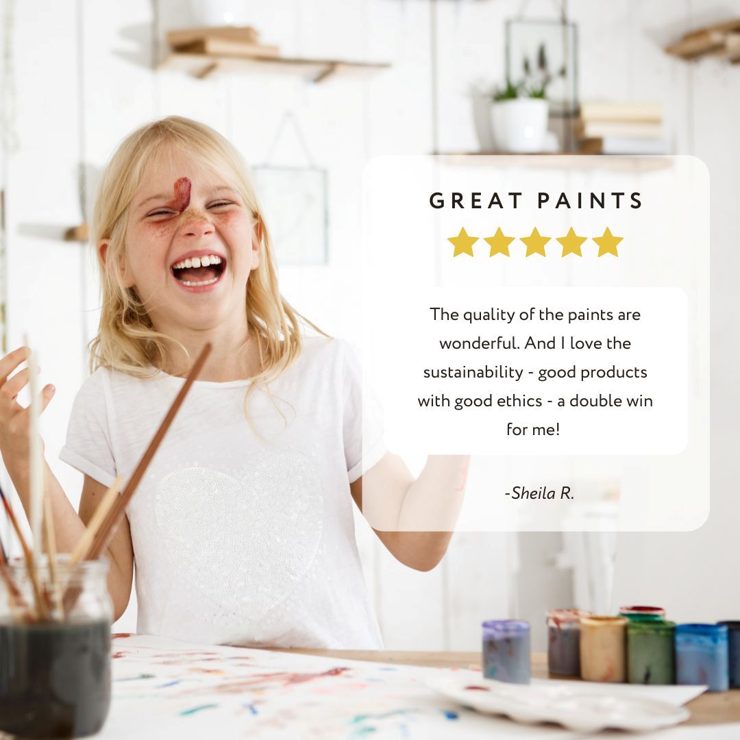 written review and photo of child laughing with red paint on her face