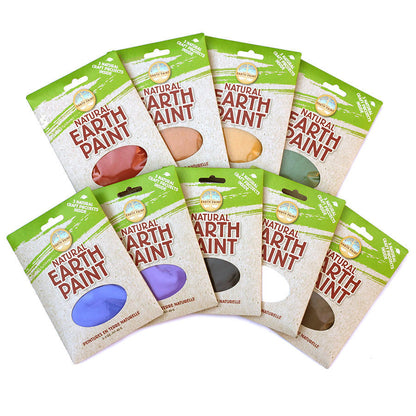 Display of all nine Natural Earth Paint packets; red, orange, yellow, green, blue, purple, black, white and brown