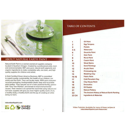 Natural Earth Paint information page and table of contents of the Recipe Booklet