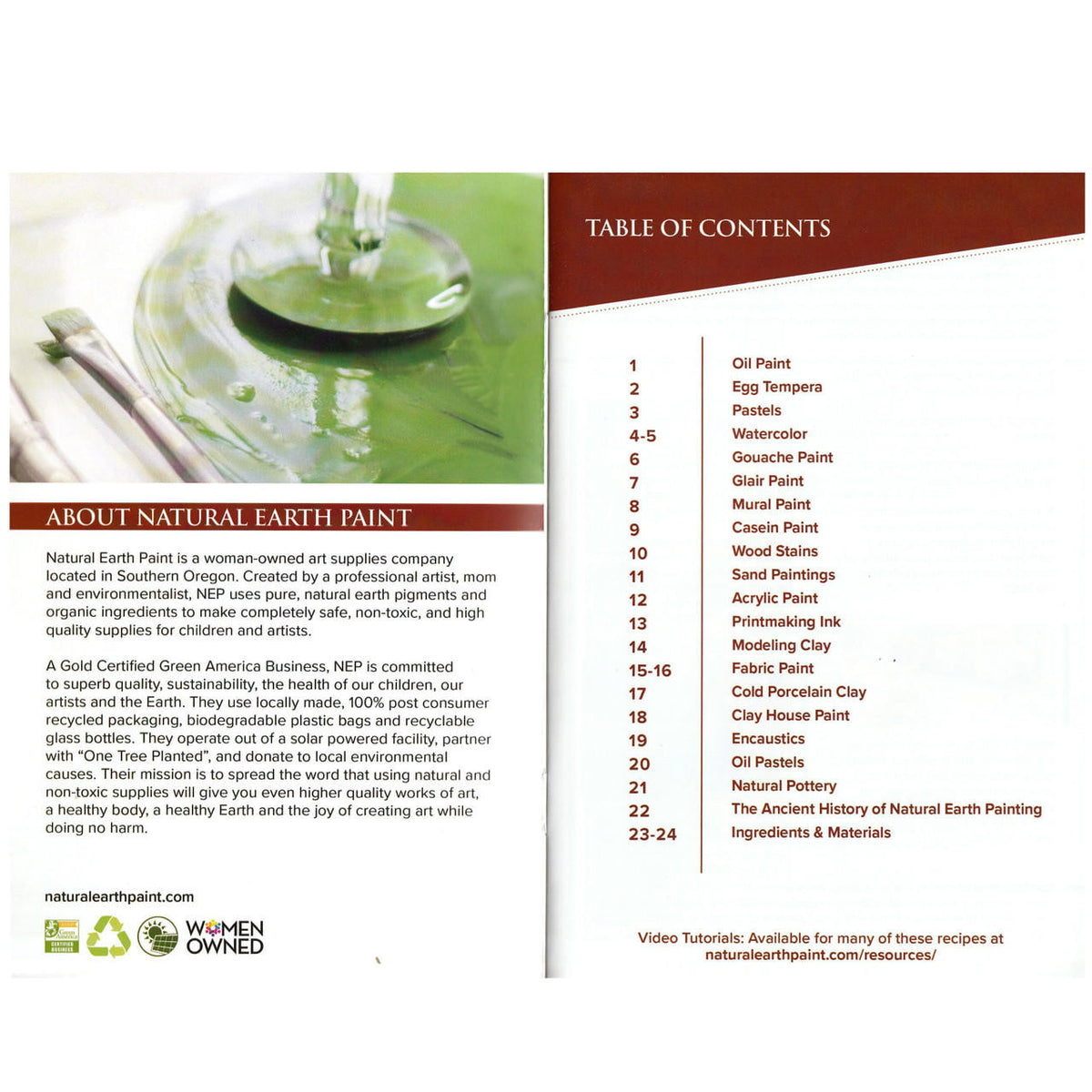 Natural Earth Paint information page and table of contents of the Recipe Booklet