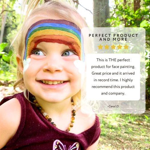 written review and photo of young child with a rainbow painted on her face